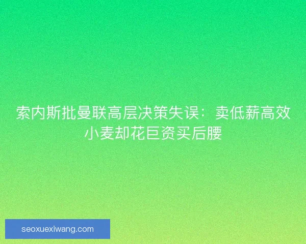 索内斯批曼联高层决策失误：卖低薪高效小麦却花巨资买后腰