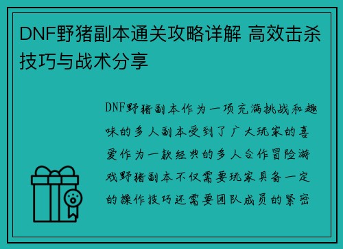 DNF野猪副本通关攻略详解 高效击杀技巧与战术分享