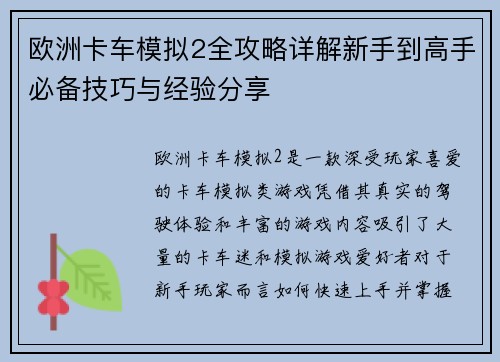 欧洲卡车模拟2全攻略详解新手到高手必备技巧与经验分享
