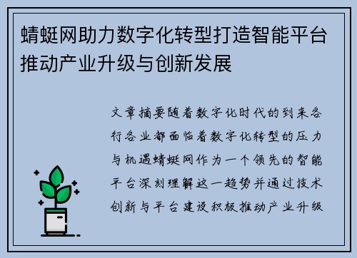 蜻蜓网助力数字化转型打造智能平台推动产业升级与创新发展